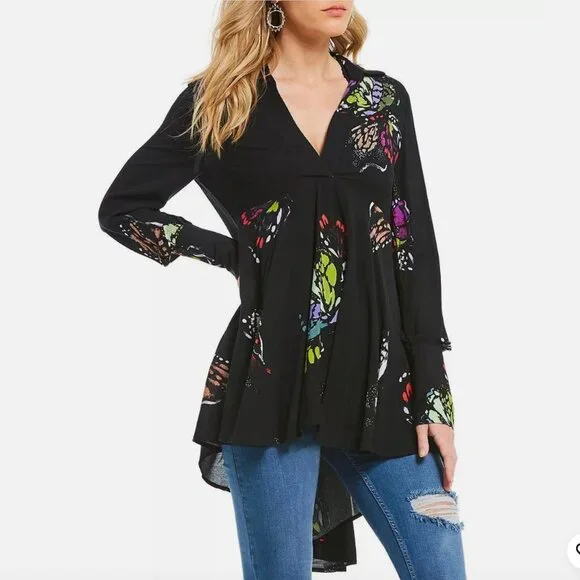 Free People Medium Field of Butterflies Tunic Dress Top High Low Black - Picture 4 of 16
